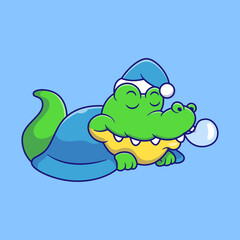 Cute Sleeping Crocodile Cartoon – Baby Alligator in Blanket Vector Illustration
