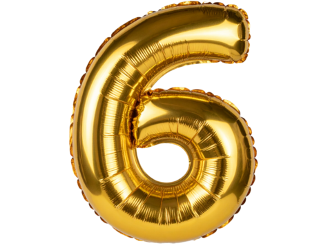 3D Gold Number Six Balloon with Wrinkled Surface and Glossy Finish, isolated on transparent background