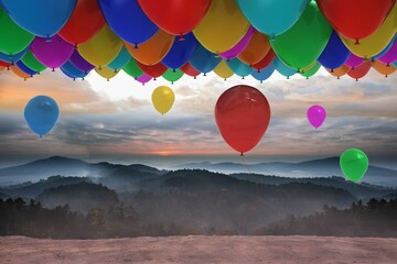 Many colourful balloons above landscape
