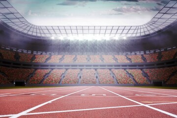 Running track lanes are spanning flat design under floodlights with clear roof panels and stands