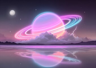 Neon planet over a reflective landscape