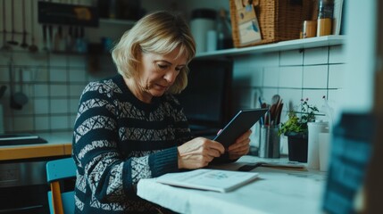 Older Woman Engaged in Reading on Tablet in Cozy Kitchen Space