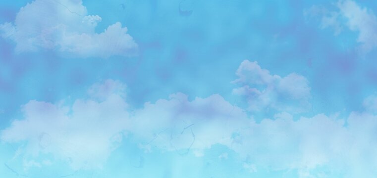 Fototapeta Sky is being shown in flat design bright cyan-blue backdrop, featuring fluffy white cumulus clouds