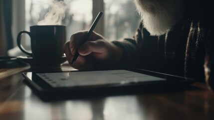 Person Writing on Tablet with Coffee Steam in Cozy Setting