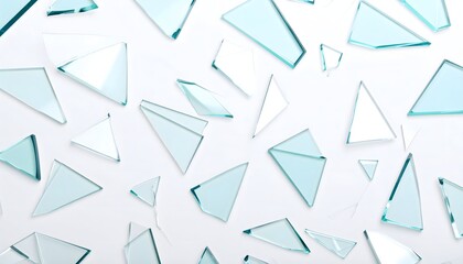 Reflective glass shards scattered on white background with high contrast and intricate fragmented detail