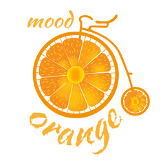 A bright and playful illustration featuring a whimsical bicycle with a large orange slice as the front wheel.