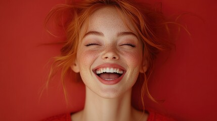 Smiling Girl With Freckles, Red Hair, and a Red Background