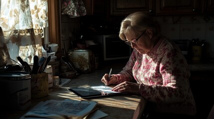 Senior Woman Using Tablet in Cozy Kitchen at Morning Light