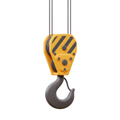 A crane hook with yellow and black stripes hangs from a gray cable, frequently utilized in construction settings.