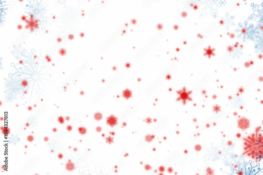 Poster scattering red snowflake shapes in abstract graphic design on white field with pale blue outlines