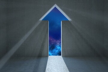 Arrow-shaped portal is revealing cosmic star field in flat design chamber, casting bright beam
