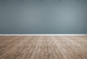 Flat design is showing empty room interior with blue-gray wall, hardwood floor, exposed beams