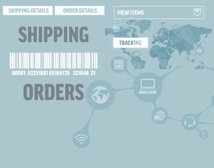 Flat infographic is showing shipping on blue panel with barcode, buttons and tracking map
