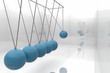 Glossy blue Newton's cradle spheres are swinging in minimalist 3D render, reflective infinite room