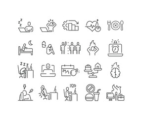 Set of Remote Work Fatigue Icons Representing Exhaustion, Headache, Frustration, Posture Pain, Unhealthy Lifestyle, and Focus Problems for Home Office Employees