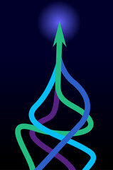 Graphic vector of blue and green color ropes converging into arrows isolated on black background, Technology light lines of business and finance