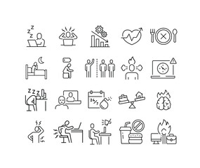 Icon Collection Depicting Remote Job Burnout, Anxiety, Deadline Pressure, Poor Sleep, Work Life Imbalance, and Productivity Decline in Modern Workplace
