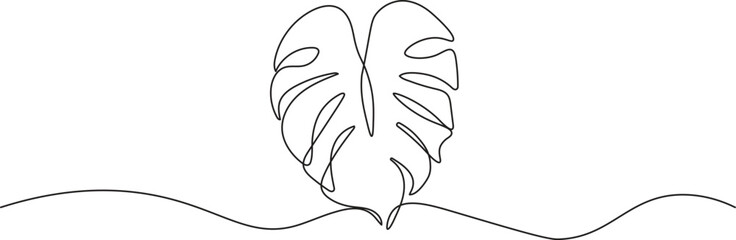 Monstera leaf in continuous line drawing style. Modern single line art, aesthetic contour. Perfect for home decor such as posters, wall art, tote bag or t-shirt print, sticker, mobile case