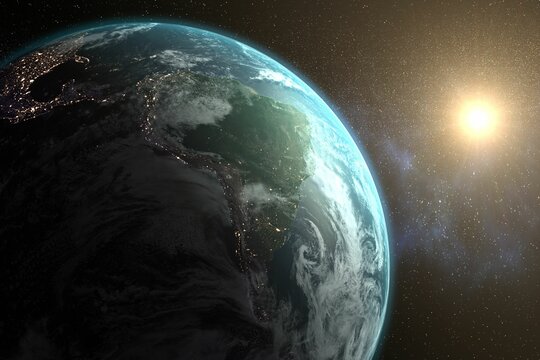 Fototapeta Earth against bright sun in milky way