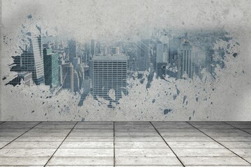 Flat design is featuring paint-splatter city skyline mural on concrete wall with square tile floor