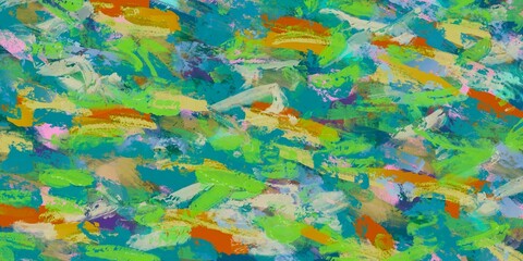 油絵マルチカラー抽象アート背景横長バナー。エネルギッシュでラフな筆跡。緑・黄色