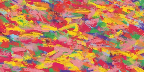 油絵マルチカラー抽象アート背景横長バナー。エネルギッシュでラフな筆跡。ピンク・黄色