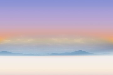 Mountain ridge silhouette is unfolding in flat design scene, with misty valley and gradient sky