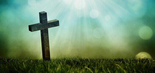 Flat design is featuring wooden cross rising from grass, glowing under sunbeams over bokeh gradient