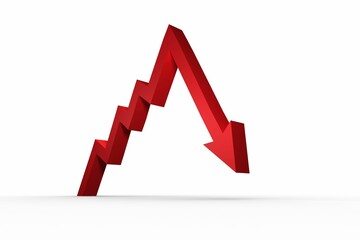 Red 3D render zigzag arrow is rising sharply on white studio plane with shadow, copy space