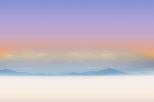 Fototapeta Mountain ridge silhouette is unfolding in flat design scene, with misty valley and gradient sky