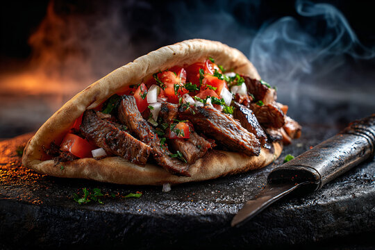 a pita with meat and vegetables on a cutting board