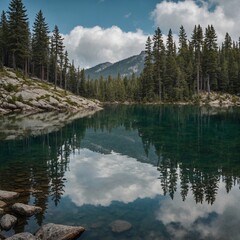 Capture the stillness of a glassy alpine lake surrounded by towering pine trees and mirrored skies