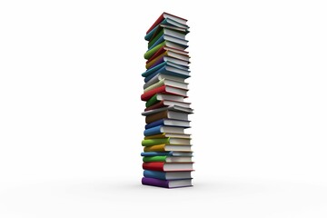 Colorful hardcover book stack is standing in 3D render studio with white surface, copy space