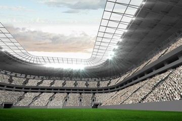 Fototapeta premium Showing flat design stadium interior with turf, seating, glass roof floodlights lighting cloudy sky