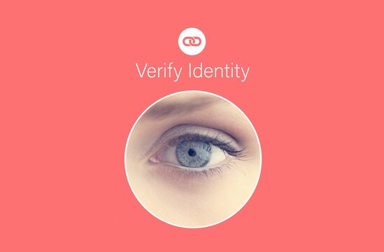 UI mockup is showing close-up eye in white circle on coral background, link icon, Verify Identity