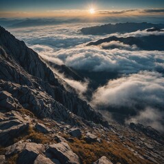 Describe the breathtaking view from a high mountain peak where the clouds drift below your feet like waves