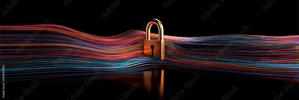Poster Abstract Padlock Surrounded by Dynamic Neon Lines on a Dark Background Representing Security and Technology