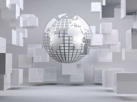 Fototapeta Planet on grey background with cubes