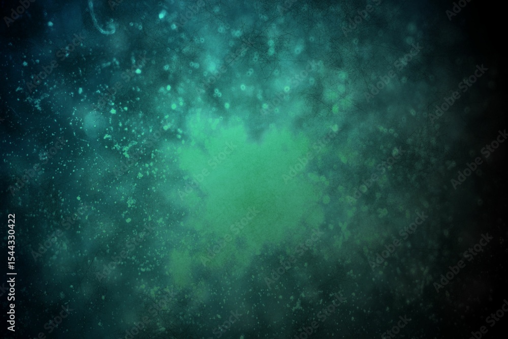 Poster displaying vector green pigment cloud blending into teal to black gradient with scattered speckles