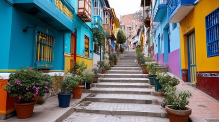 Colorful urban street with stairs and plants
