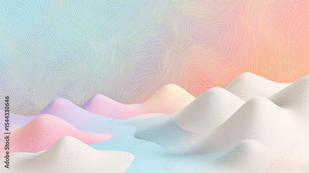 Poster pastel mountain landscape with calming nerve patterns and soft color gradients during evening light