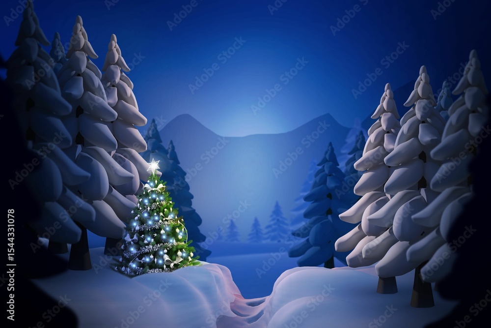 Aufkleber flat design is showing decorated evergreen tree topped with star and lights on snowy forest path