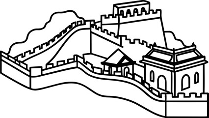 Fototapeta premium Great Wall of China line art drawing 