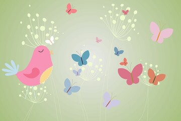 Pink bird with heart and dandelions