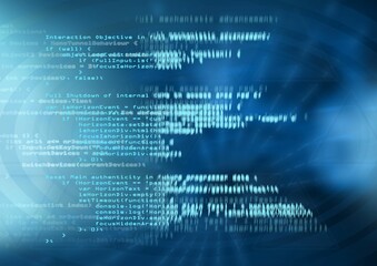 Floating white, light blue code dancing over blue gradient waves with light flares in digital art