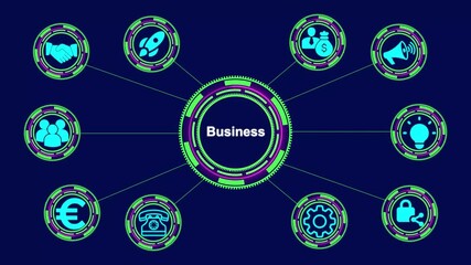 Glowing business concept. with digital and circular HUD interface around business network growth icons animation on blue background. - Powered by Adobe
