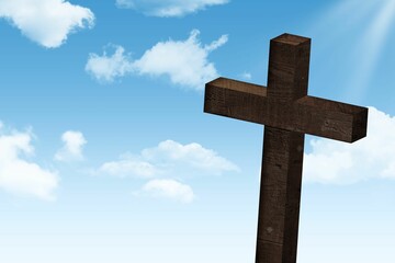 Tall wooden cross is standing against clear blue sky with sunlight beams in flat design