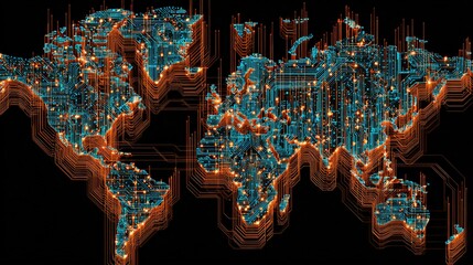 Digital world map with neon blue and orange circuit-like connections representing global technology and data networks.