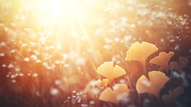 Close-up of sunlight shining through delicate fan-shaped ginkgo leaves glowing bright gold in autumn