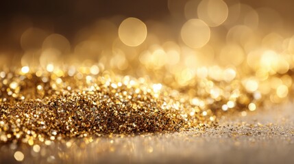 A close-up of sparkling golden glitter with a warm bokeh background, creating a festive and luxurious atmosphere.